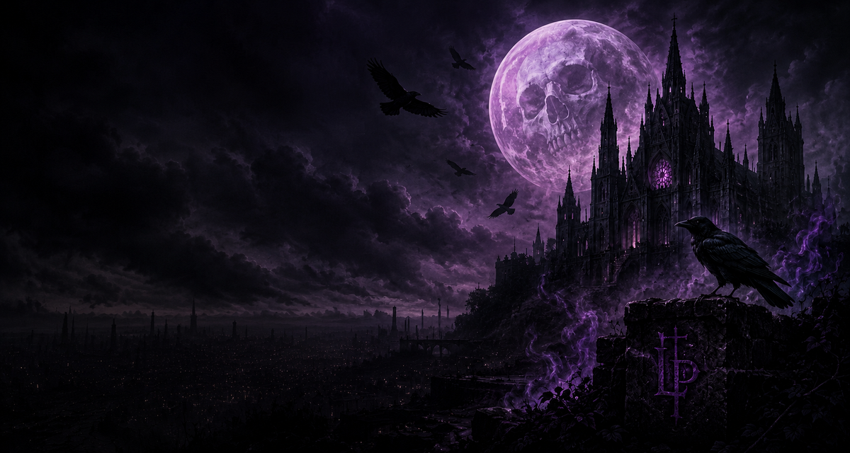 The Living Proof gothic cathedral hero background with skull moon and ravens